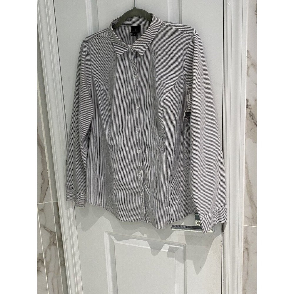 Worthington Men’s White Black Grey Stripe Long Sleeve Button Down Shirt Size 16.